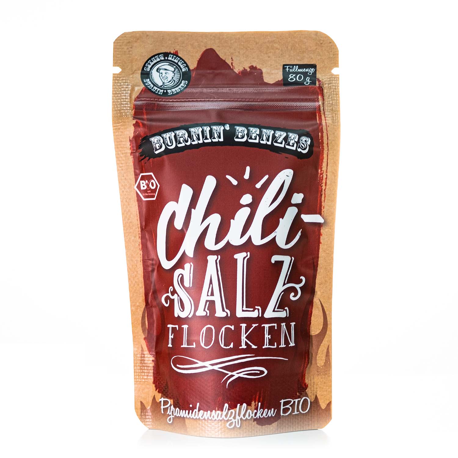 Chili Salzflocken von Burnin Benze ist extravagantes Pyramidensalz (Bio), welches kombiniert wird mit Benzes eigens gezüchteten Bio Chilis.