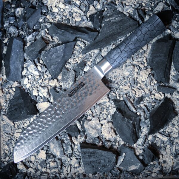 Cuttworxs Damast Santokumesser Messer mit Burned Wood Griff