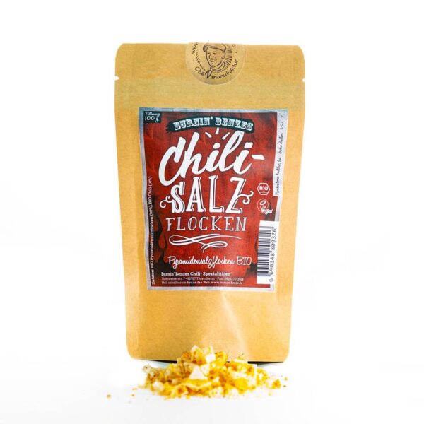 Chili Salzflocken von Burnin Benze ist extravagantes Pyramidensalz (Bio), welches kombiniert wird mit Benzes eigens gezüchteten Bio Chilis.