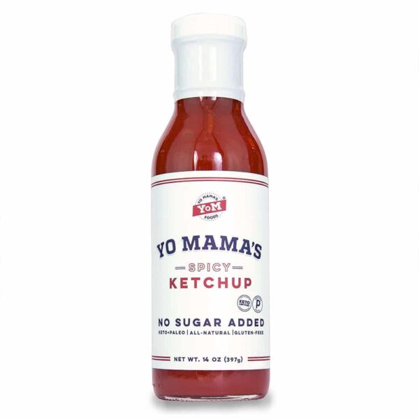 Yo Mama's Spicy Ketchup aus den USA wird in Handarbeit mit Tomaten, Gewürzen und Monk Fruit als natürlichen Süssung ohne viele Kalorien hergestellt.